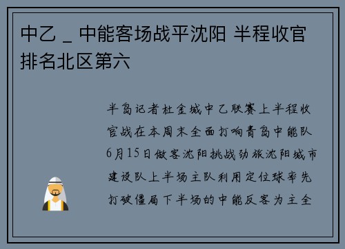 中乙 _ 中能客场战平沈阳 半程收官排名北区第六